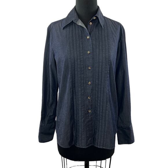 J BRAND Navy Blue Pintucked Long Sleeve Button-Down Collared Tuxedo Shirt Size S - Picture 1 of 5